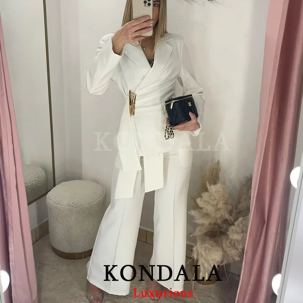 KONDALA Office Lady Chic White Women Blazer Suit Solid Long Sleeve Blazer Long Zipper Pants Fashion 2026 Spring Summer Suit