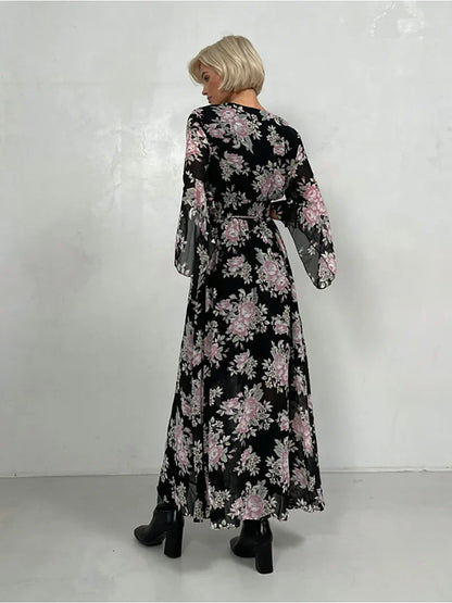 Elegant Bodycon Chiffon Maxi Dress Women Bandage Sexy Side Slit Beach Dress White Pink Floral Summer Long Dresses For Women 2024