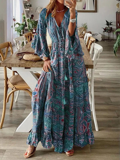 Spring Autumn Fashion Women's Dress Bohemian Style Retro Printed V-neck High Waist Bell Sleeve  Loose Casual Floral Long Dress