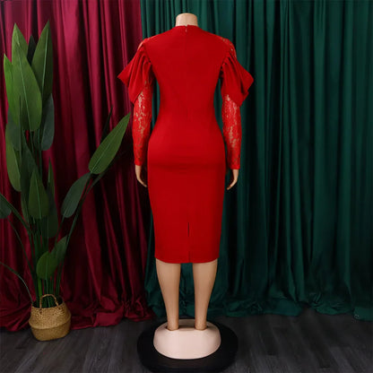 Sexy Bodycon Dresses for Women O Neck Lace Sleeve Sheath Package Hips Mid Calf Female Luxury Birthday Party Dinner Vestidos