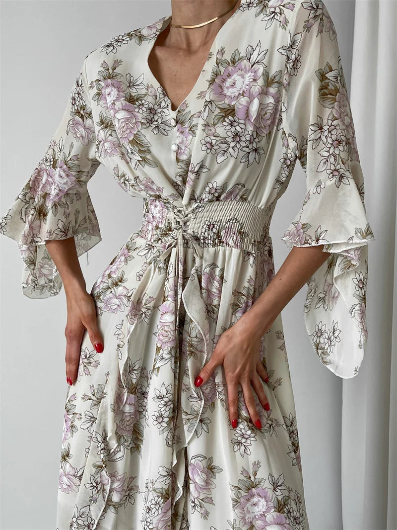 Elegant Bodycon Chiffon Maxi Dress Women Bandage Sexy Side Slit Beach Dress White Pink Floral Summer Long Dresses For Women 2024
