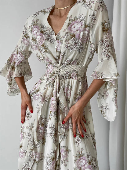 Elegant Bodycon Chiffon Maxi Dress Women Bandage Sexy Side Slit Beach Dress White Pink Floral Summer Long Dresses For Women 2024