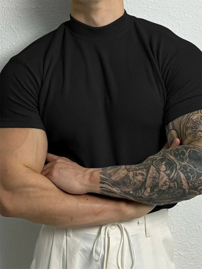 spring summer fashion Men's T-shirt Small high collar stripe shirt short sleeve fitness top leisure sport T-shirt Men sportswear