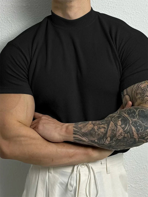 spring summer fashion Men's T-shirt Small high collar stripe shirt short sleeve fitness top leisure sport T-shirt Men sportswear