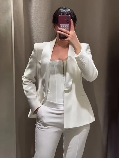 HH 2026 Women New Fashion Solid 2-Piece Set Single Button Long Sleeve Blazer Jacket+High Waist Zipper Pockets Solid Long Pants