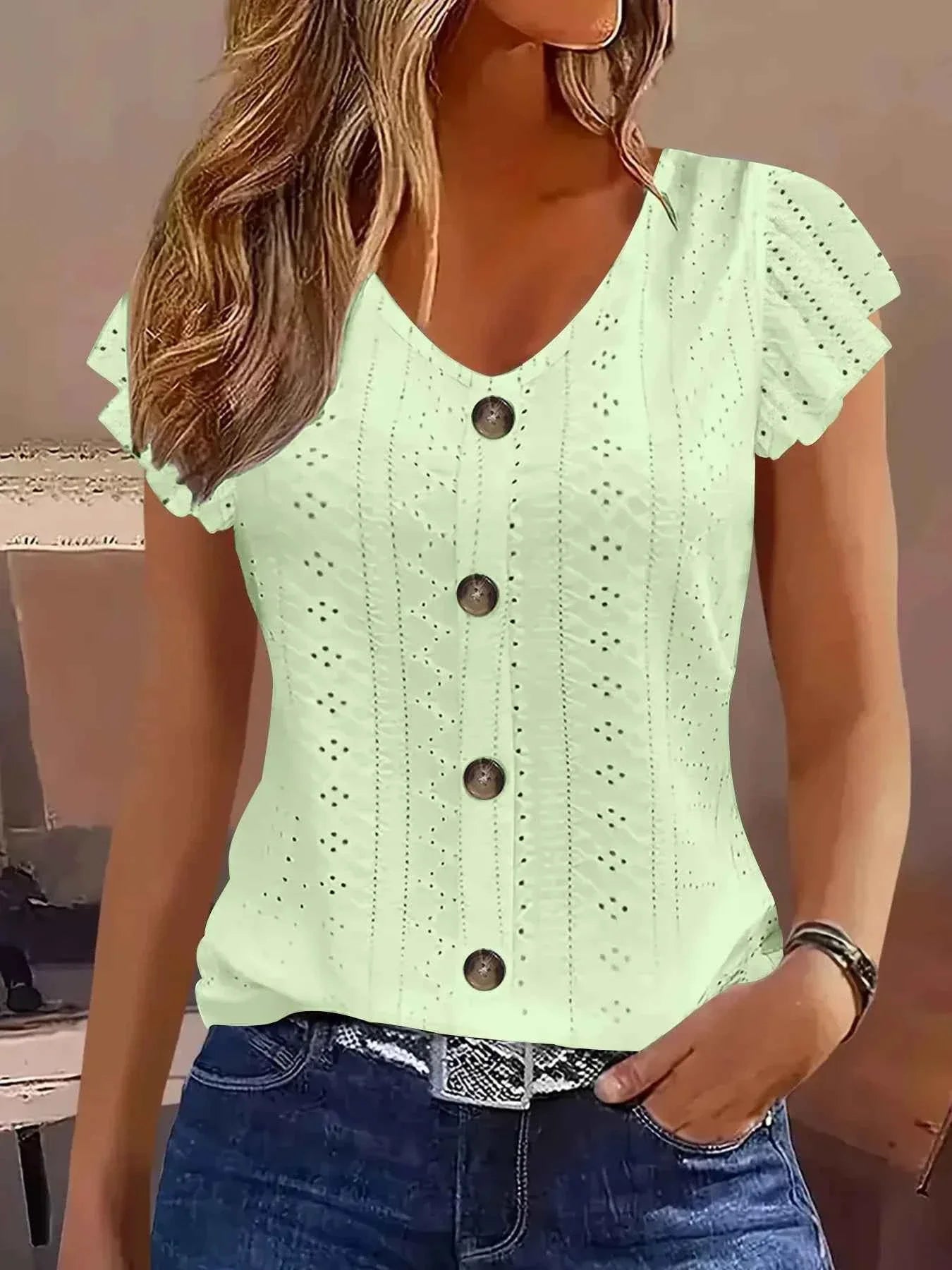 Women's Ruffle Sleeve V-Neck T-Shirt – Casual Commute Blouse