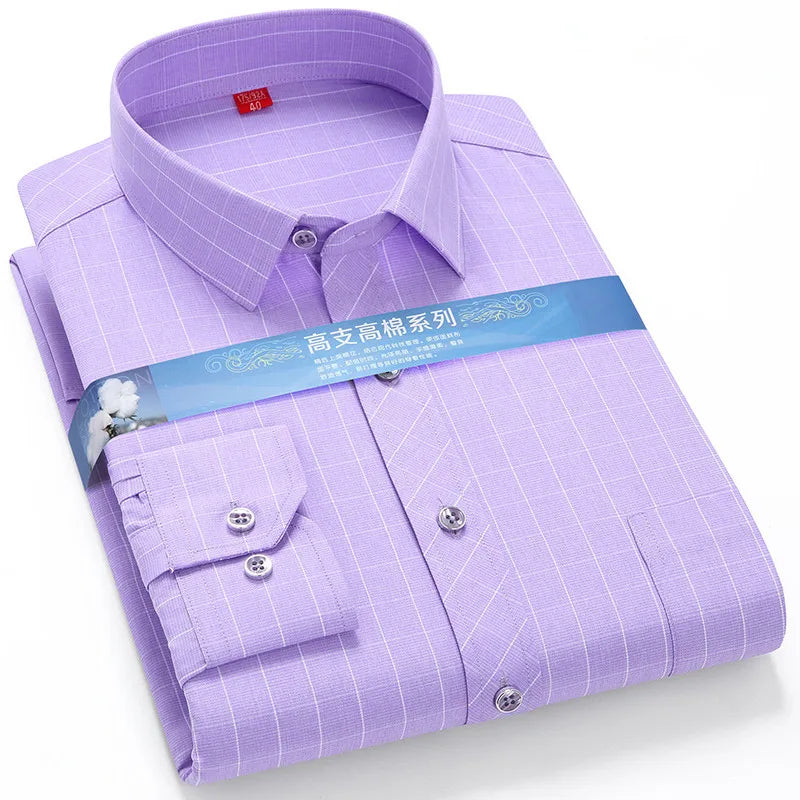 Plus Large 5XL 6XLsize Mens COTTON+Polyester NON-Iron Dress Shirt Regular Fit Soft Easy Care Smart Casual Purple Social Shirts
