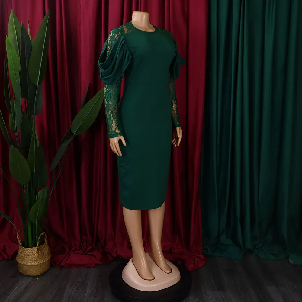 Sexy Bodycon Dresses for Women O Neck Lace Sleeve Sheath Package Hips Mid Calf Female Luxury Birthday Party Dinner Vestidos
