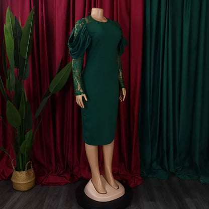 Sexy Bodycon Dresses for Women O Neck Lace Sleeve Sheath Package Hips Mid Calf Female Luxury Birthday Party Dinner Vestidos