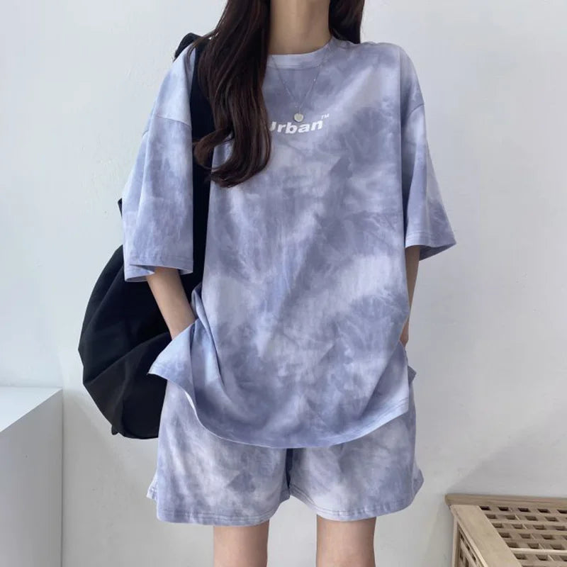 Women T-Shirt Shorts Suit Set Casual Tie Dye Loose t-shirt and wide leg middle shorts with pockets female Soft Summer Shorts Sets