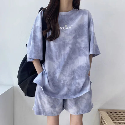 Women T-Shirt Shorts Suit Set Casual Tie Dye Loose t-shirt and wide leg middle shorts with pockets female Soft Summer Shorts Sets