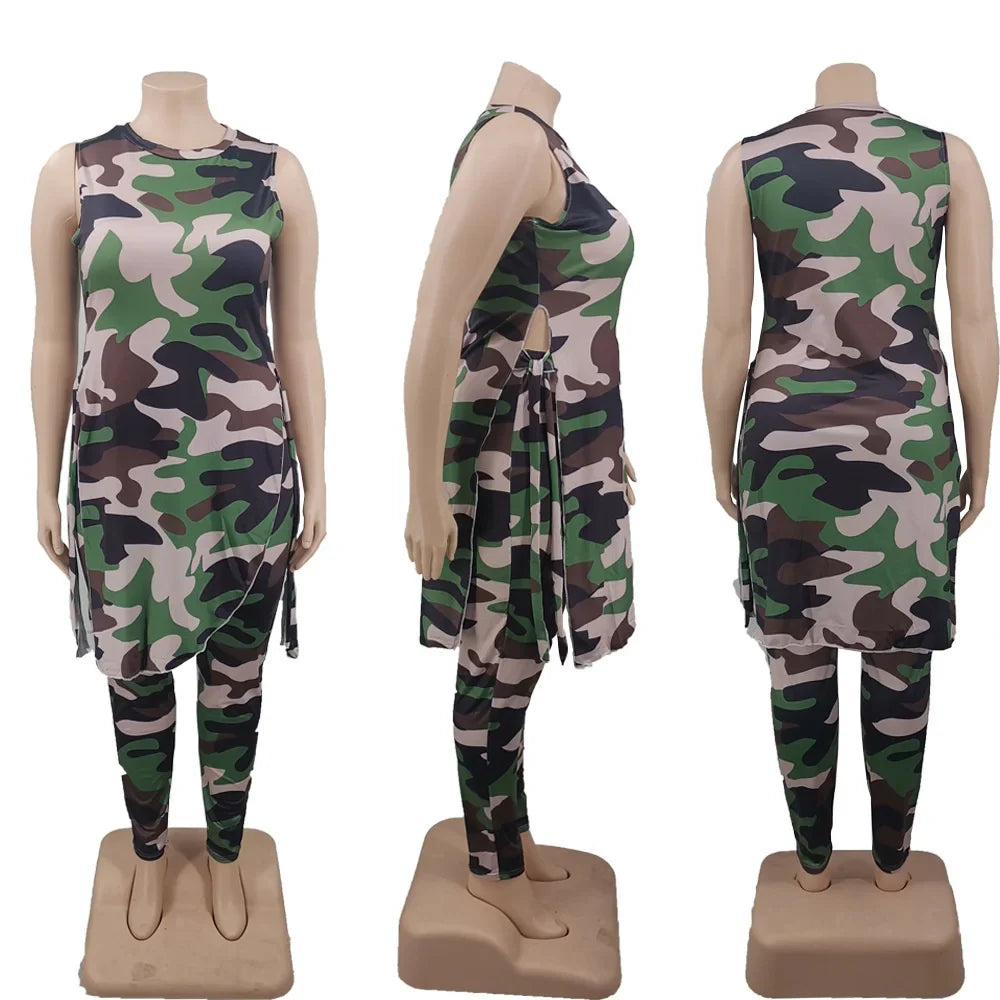 Camouflage Plus Size Women Clothing Two Piece Outfits Sleeveless Round Neck Bandage Crop Tops Pants Sets Wholesale Drop Shipping