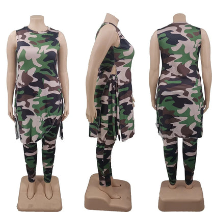 Camouflage Plus Size Women Clothing Two Piece Outfits Sleeveless Round Neck Bandage Crop Tops Pants Sets Wholesale Drop Shipping