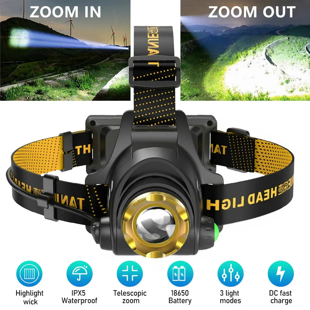 Led Headlamp USB Rechargeable Powerful Batteries Headlight Camping Search Light Head Flashlight 90° Adjustable Head Strap Lamp