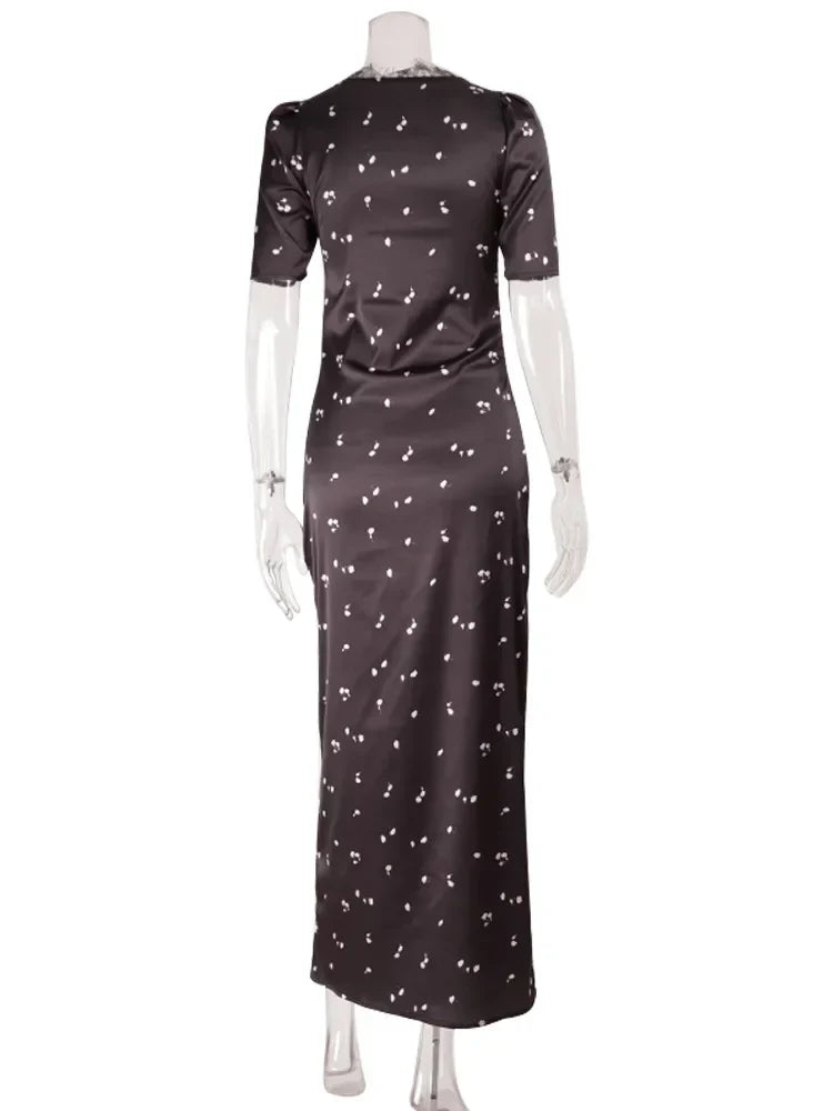 Eelgant Dresses For Women Patchwork Lace Floral V-Neck Short Sleeves Slim Fit Bodycon Trend Sheath Femlae Vestidos Robes