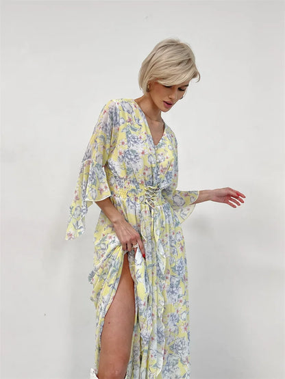 Elegant Bodycon Chiffon Maxi Dress Women Bandage Sexy Side Slit Beach Dress White Pink Floral Summer Long Dresses For Women 2024