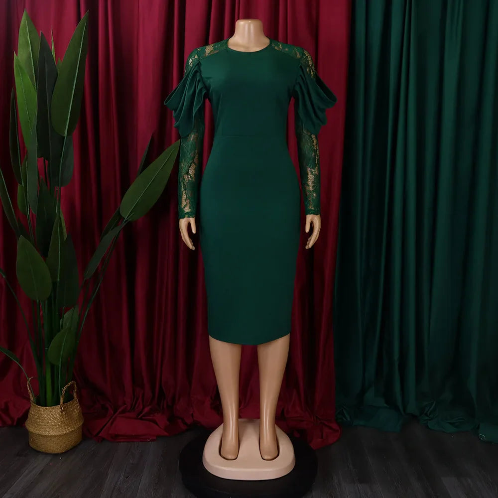Sexy Bodycon Dresses for Women O Neck Lace Sleeve Sheath Package Hips Mid Calf Female Luxury Birthday Party Dinner Vestidos