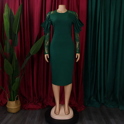 Sexy Bodycon Dresses for Women O Neck Lace Sleeve Sheath Package Hips Mid Calf Female Luxury Birthday Party Dinner Vestidos