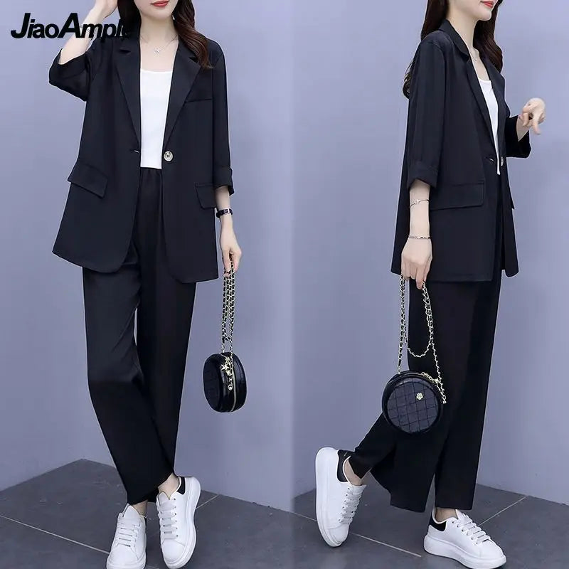 2026 Women Spring New Casual Blazers Jacket Trousers Matching Set Korean Elegant Loose Suit Coat Pants Two Piece Female Clothing