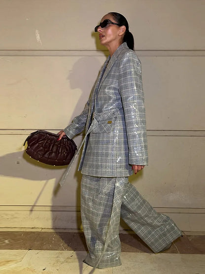 Sequin Women Striped Blazer Long Sleeve Belt Single Breasted Coat Fashion Wide Leg Trouser Outfit Female Office Clothing 2026