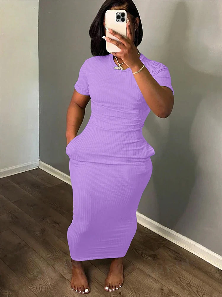 Plus Size 2024 Summer New Round Neck Short Sleeve Slim Hottie  Ladies' Stylish Summer Solid Versatile Bodycon Dress