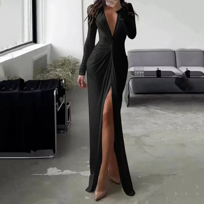 hirigin Spring Bodycon Dresses For Women Luxury Designer Party Prom  Deep V Neck Sexy Dress Hem Split Outfits Evening Vestidos
