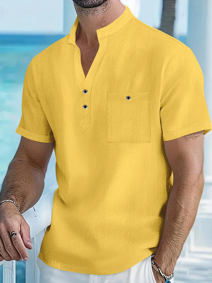 Men's Cotton Linen Short-Sleeve Shirt with Stand Collar & Half-Button Placket - Casual Outdoor Leisure Wear for Spring and Summe