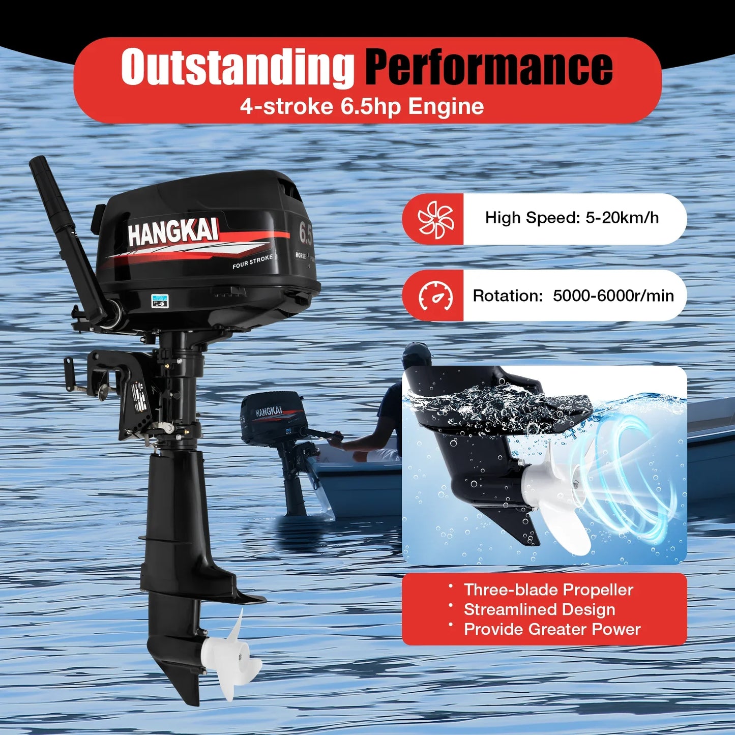 4-Stroke 6.5HP Outboard Motor 123CC, Gasoline Engine with with CDI Ignition & Water-cooling System for Inflatable Fishing Boat