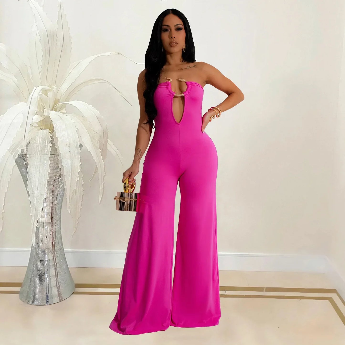 Summer Sexy Backless Women's Jumpsuit Fashionable Slim Fit Elegant Package hip Wide Leg Long Pants Female Party Jumpsuit 2025