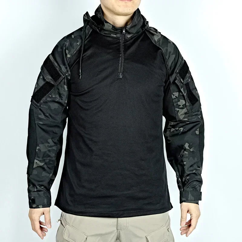 Men's Tactical Camo Hooded Combat Shirt – Long Sleeve, Quick-Dry, Sizes S–XXXL