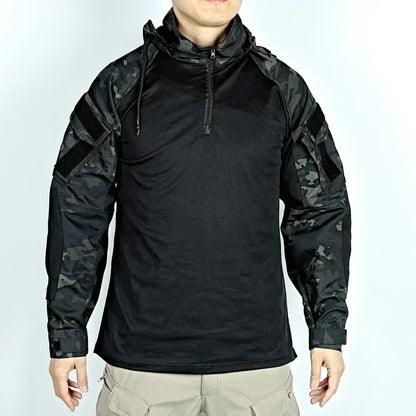 Men's Tactical Camo Hooded Combat Shirt – Long Sleeve, Quick-Dry, Sizes S–XXXL