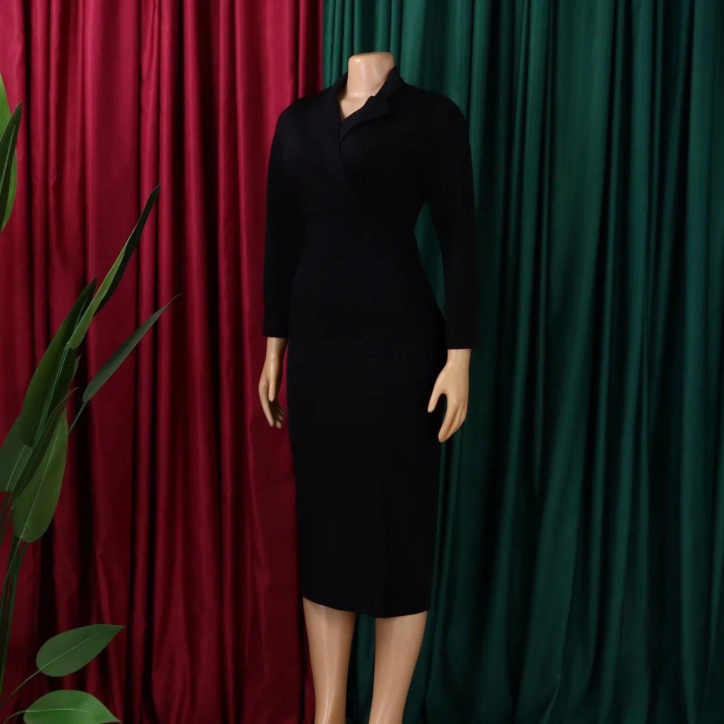 Elegant Bodycon Dresses for Women V Neck Full Sleeve Solid Sheath Package Hips Mid Calf Professional Business Work Dress Midi OL