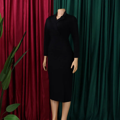 Elegant Bodycon Dresses for Women V Neck Full Sleeve Solid Sheath Package Hips Mid Calf Professional Business Work Dress Midi OL