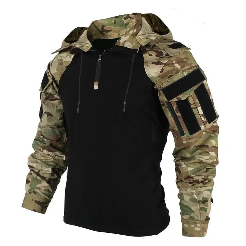 Men's Tactical Camo Hooded Combat Shirt – Long Sleeve, Quick-Dry, Sizes S–XXXL