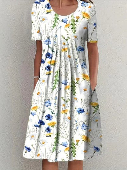 2024 New Spring And Summer Women's Elegant Large Skirt Round Neck Printed Short-sleeved Dress