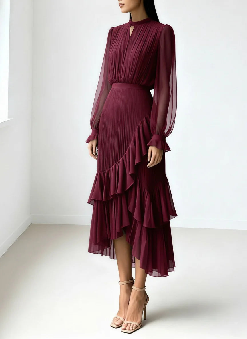 Elegant Ruffle Long Sleeve Dress for Women Chic Spring Summer Layered A Line Dress Lady Pleated Verstidos Prom Party Gowns