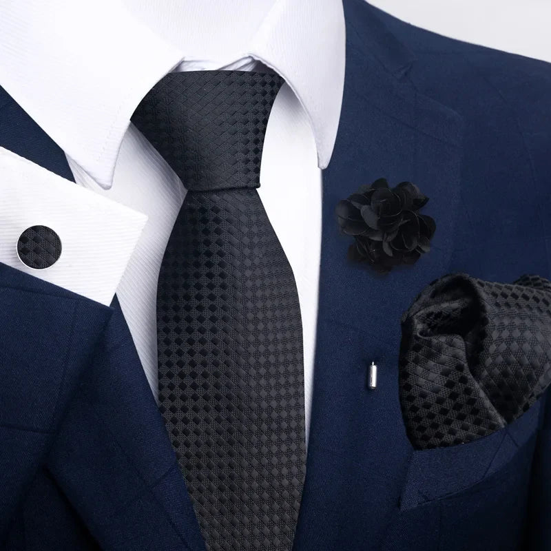 Luxury Mens Ties Floral Black Gold Ties Paisley NeckTie Pocket Square Cufflinks Brooch Set Men's Wedding Party Tie