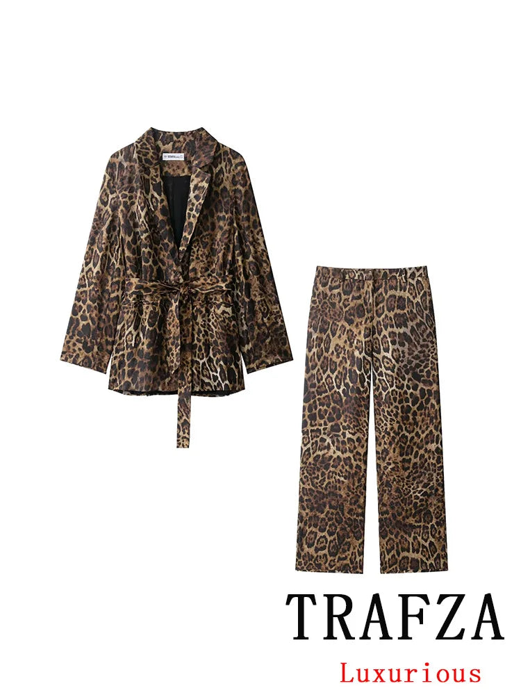 KONDALA Vintage Leopard Print Women Suits V Neck Sashes Long Sleeve Oversized Blazer+Wide Leg Pants Fashion 2025 Autumn Suits
