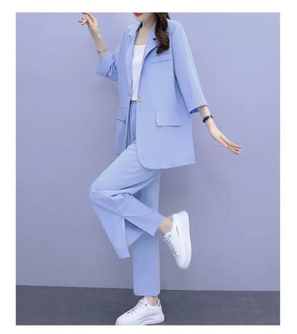 2026 Women Spring New Casual Blazers Jacket Trousers Matching Set Korean Elegant Loose Suit Coat Pants Two Piece Female Clothing