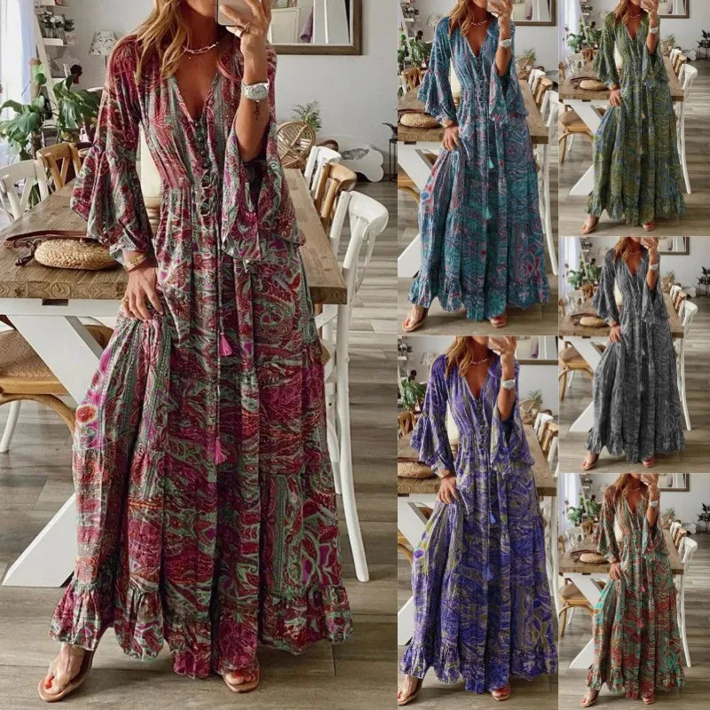 Spring Autumn Fashion Women's Dress Bohemian Style Retro Printed V-neck High Waist Bell Sleeve  Loose Casual Floral Long Dress