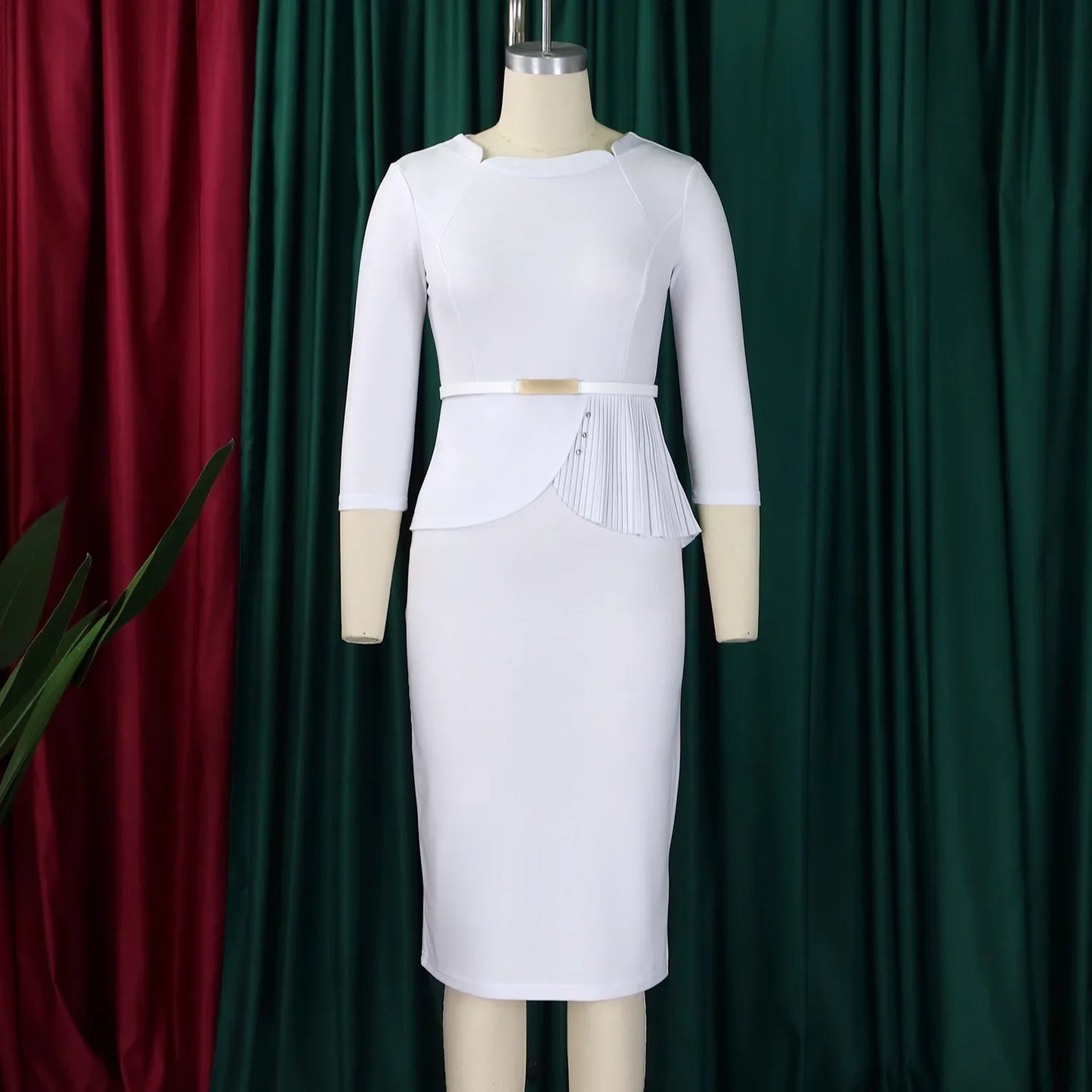 L-3XL Plus Size Elegant Midi Dress 2025 Spring Summer Women Office Lady Dress Casual 3/4 Sleeve Bandage Robe Oversize Dress