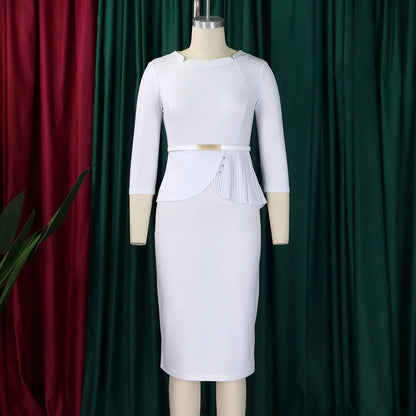 L-3XL Plus Size Elegant Midi Dress 2025 Spring Summer Women Office Lady Dress Casual 3/4 Sleeve Bandage Robe Oversize Dress