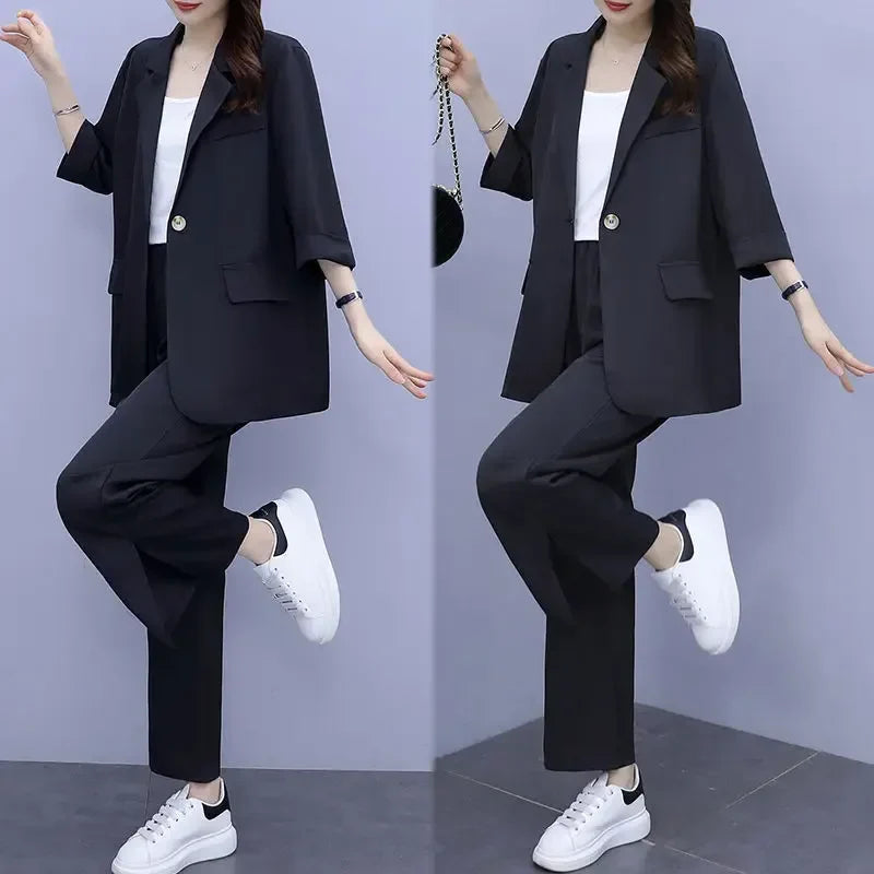 2026 Women Spring New Casual Blazers Jacket Trousers Matching Set Korean Elegant Loose Suit Coat Pants Two Piece Female Clothing