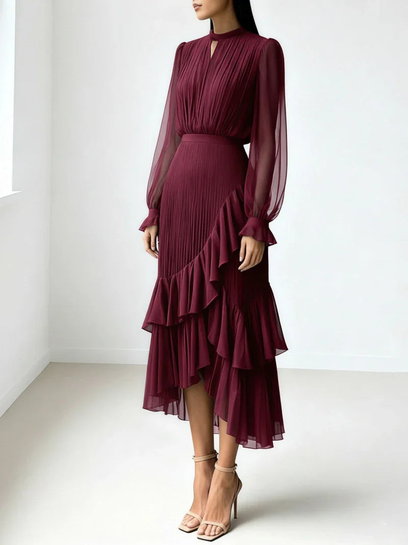 Elegant Ruffle Long Sleeve Dress for Women Chic Spring Summer Layered A Line Dress Lady Pleated Verstidos Prom Party Gowns