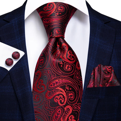 Hi-Tie Mens Gift Tie Set Red Wine Burgundy Paisley Silk Wedding Tie For Men Fashion Design Quality Hanky Cufflink Dropshipping