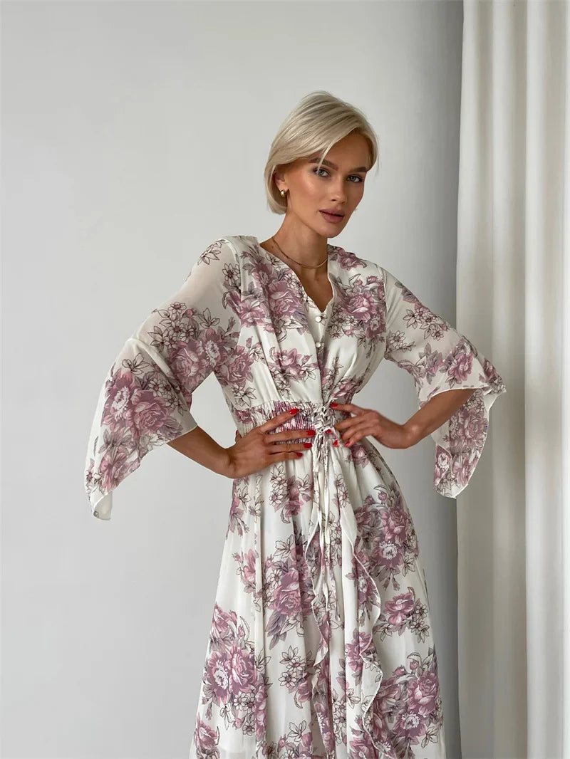 Elegant Bodycon Chiffon Maxi Dress Women Bandage Sexy Side Slit Beach Dress White Pink Floral Summer Long Dresses For Women 2024