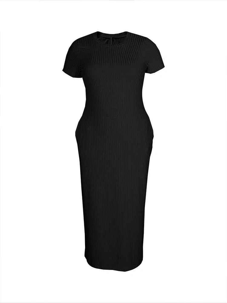 Plus Size 2024 Summer New Round Neck Short Sleeve Slim Hottie  Ladies' Stylish Summer Solid Versatile Bodycon Dress