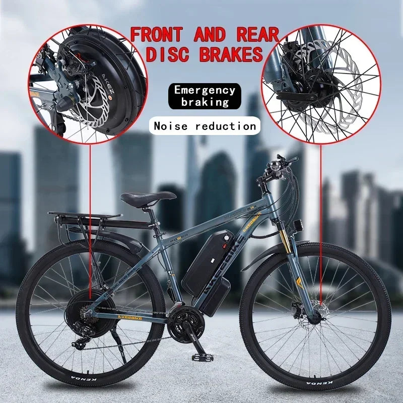 Ebike AKEZ 1000W CityElectricBike Detachable 13Ah Battery Electric Bike 60 Mile Range Dual Disc Brake Alloy Electric Bike
