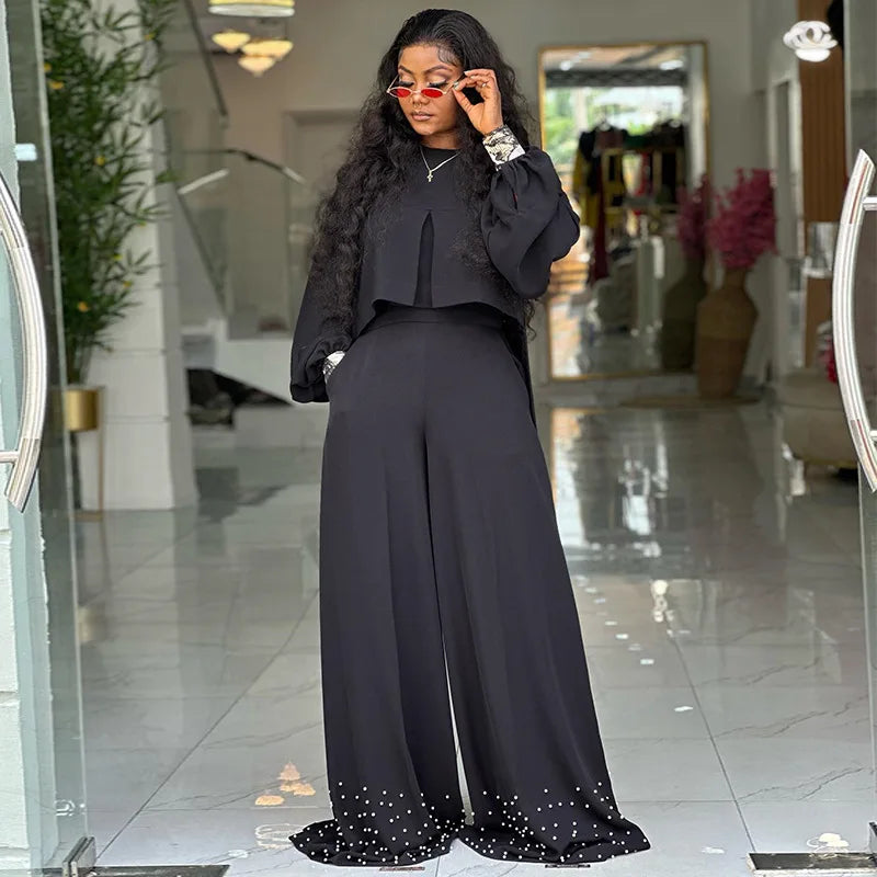 CM.YAYA Women's Set Long Sleeve High Low Maxi Blouse and Pearl Beading Wide Leg Pants 2025 Two 2 Piece Sets Outfits Tracksuit