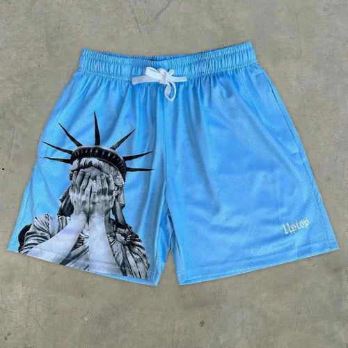 European and American men's summer Statue of Liberty print comfortable breathable drawstring shorts outdoor casual shorts